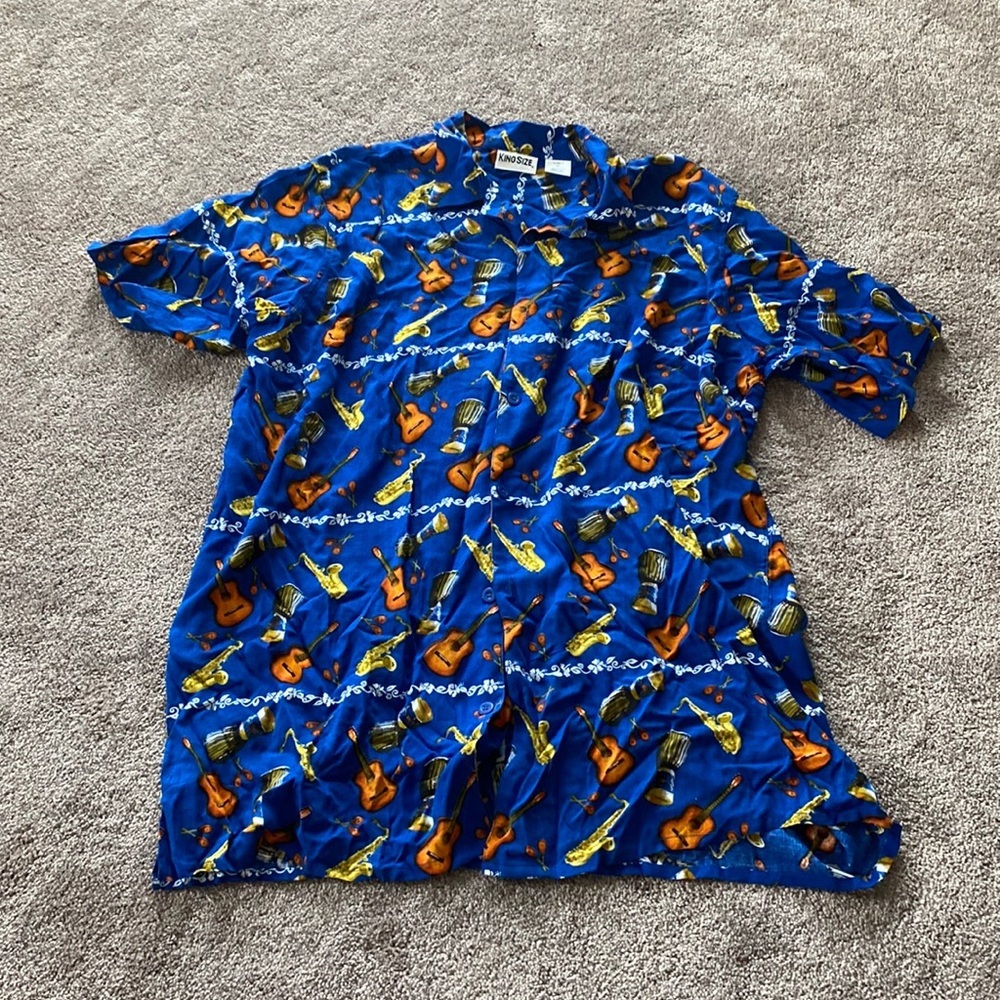 King Size Blue Guitar Instrument Print Button Up Shirt Casual SIZE 2XT